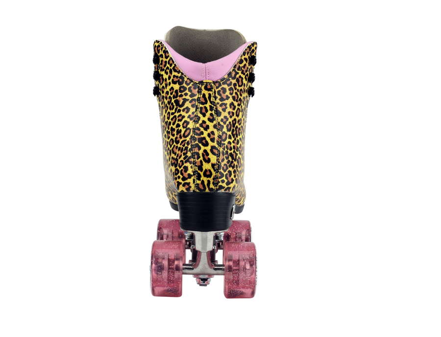Moxi Jungle Leopard Skates (w/ Pink cuff and Pink Juicy Wheels)