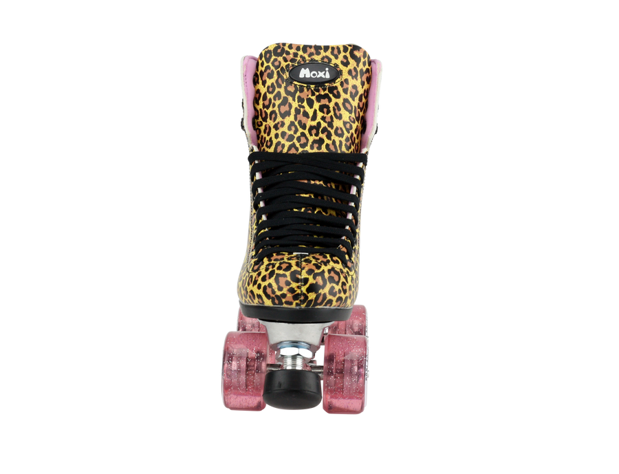 Moxi Jungle Leopard Skates (w/ Pink cuff and Pink Juicy Wheels)