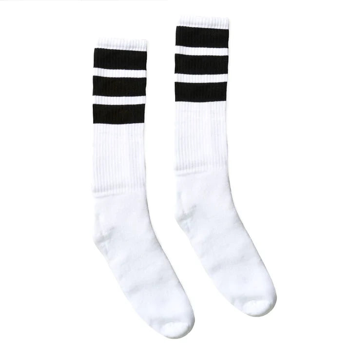 SOCCO Bold Black Striped Socks | White Knee High Socks