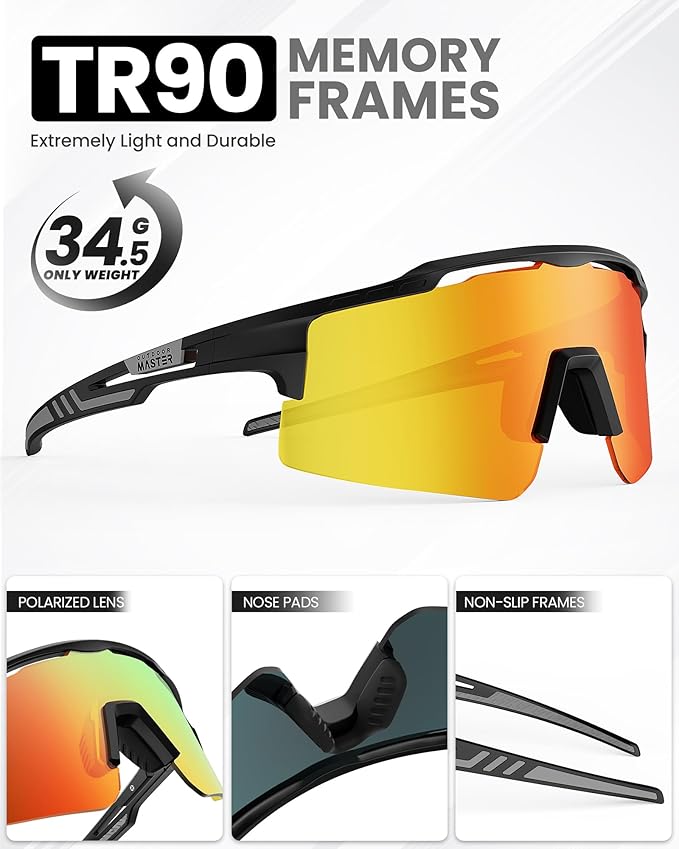 OutdoorMaster Hawk II Polarized Sports Sunglasses for Men Women, TAC 100% UV400 Protection TR90 Frame Cycling Sunglasses, Baseball Running Fishing Golf Glasses-Black Frame+revo Blue Cat.3,Adult