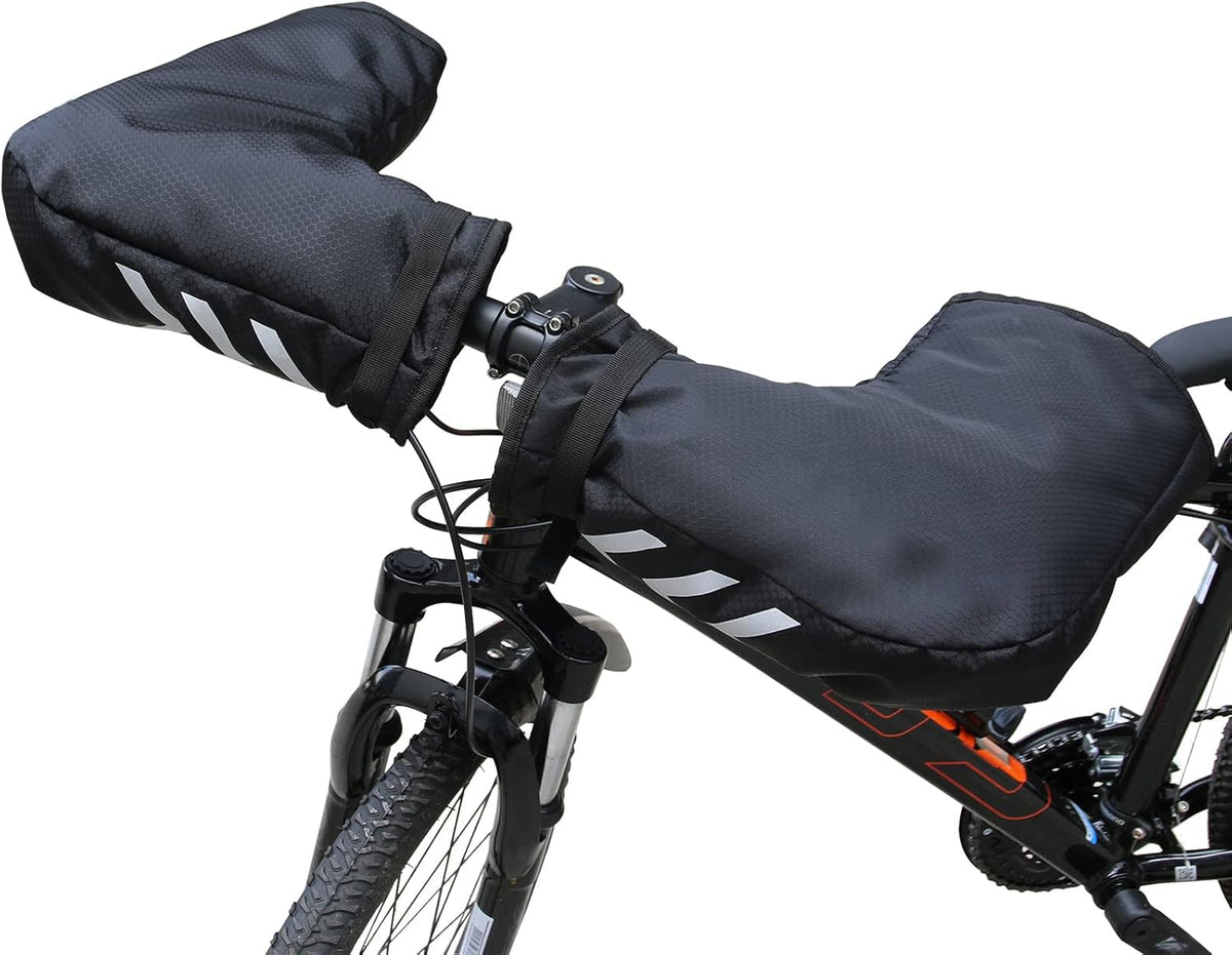 Bike Handlebar Mitts, Waterproof Bicycle Bar Warmer Covers with Fleece Liner,Cold Weather Mountain Gloves Zipper Pocket,Windproof Commuter MTB Motor End Mitts Cycling Gloves, Black, 23.6x8.7x6.3 inch