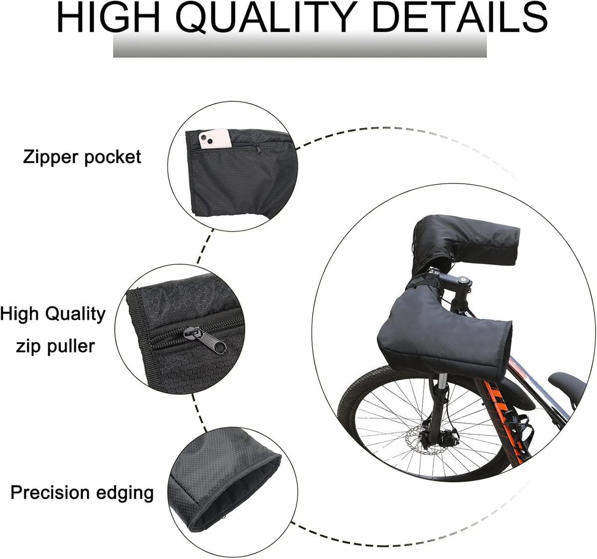 Bike Handlebar Mitts, Waterproof Bicycle Bar Warmer Covers with Fleece Liner,Cold Weather Mountain Gloves Zipper Pocket,Windproof Commuter MTB Motor End Mitts Cycling Gloves, Black, 23.6x8.7x6.3 inch