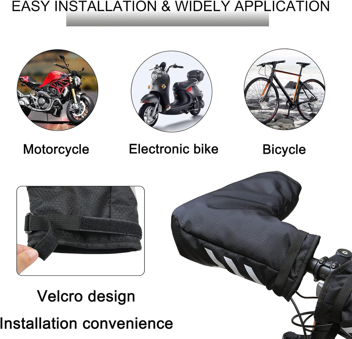 Bike Handlebar Mitts, Waterproof Bicycle Bar Warmer Covers with Fleece Liner,Cold Weather Mountain Gloves Zipper Pocket,Windproof Commuter MTB Motor End Mitts Cycling Gloves, Black, 23.6x8.7x6.3 inch