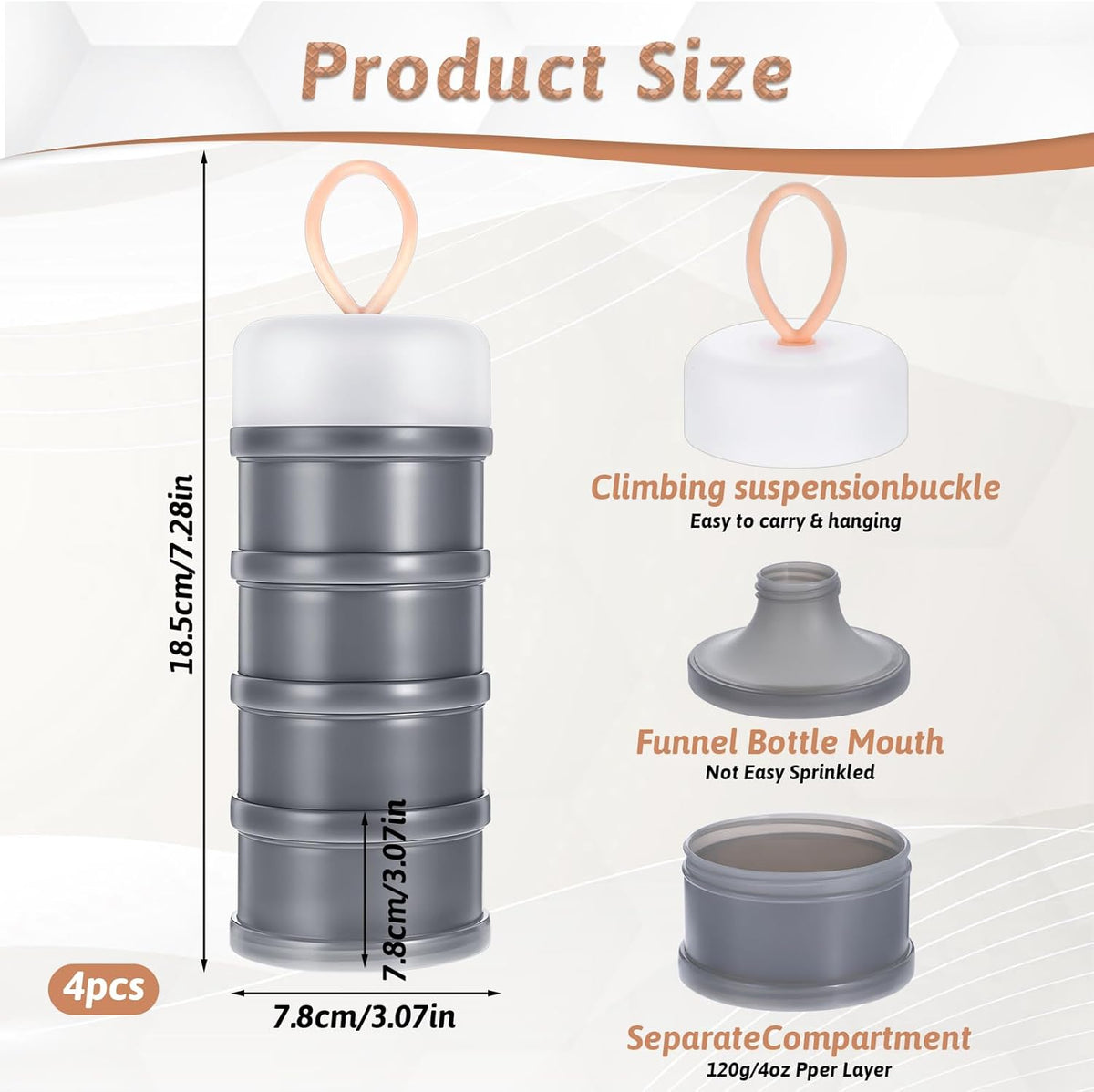 4PCS Protein Powder Container with Funnels Stand, 4 Stackable Non-Spill Protein Powder Dispenser On the Go Portable Leakproof Snack Storage Container for Travel Workout Fitness (Gray + White)