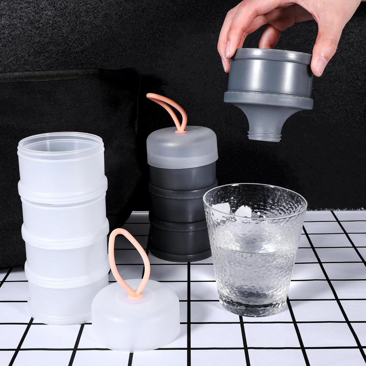 4PCS Protein Powder Container with Funnels Stand, 4 Stackable Non-Spill Protein Powder Dispenser On the Go Portable Leakproof Snack Storage Container for Travel Workout Fitness (Gray + White)