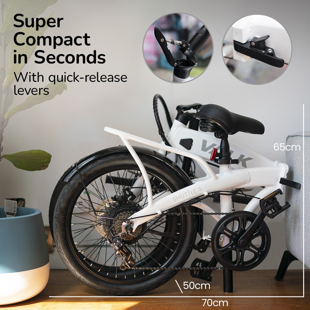 VALK Shuttle 5 Electric Folding Bike, Gen II, 20" Tyres, Shimano 7-Speed, White