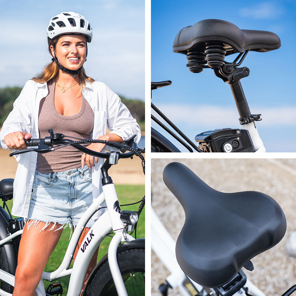 VALK Electric Fat Tyre Cruiser Bike, Step-Through eBike with Throttle, Tektro Hydraulic Brakes, White