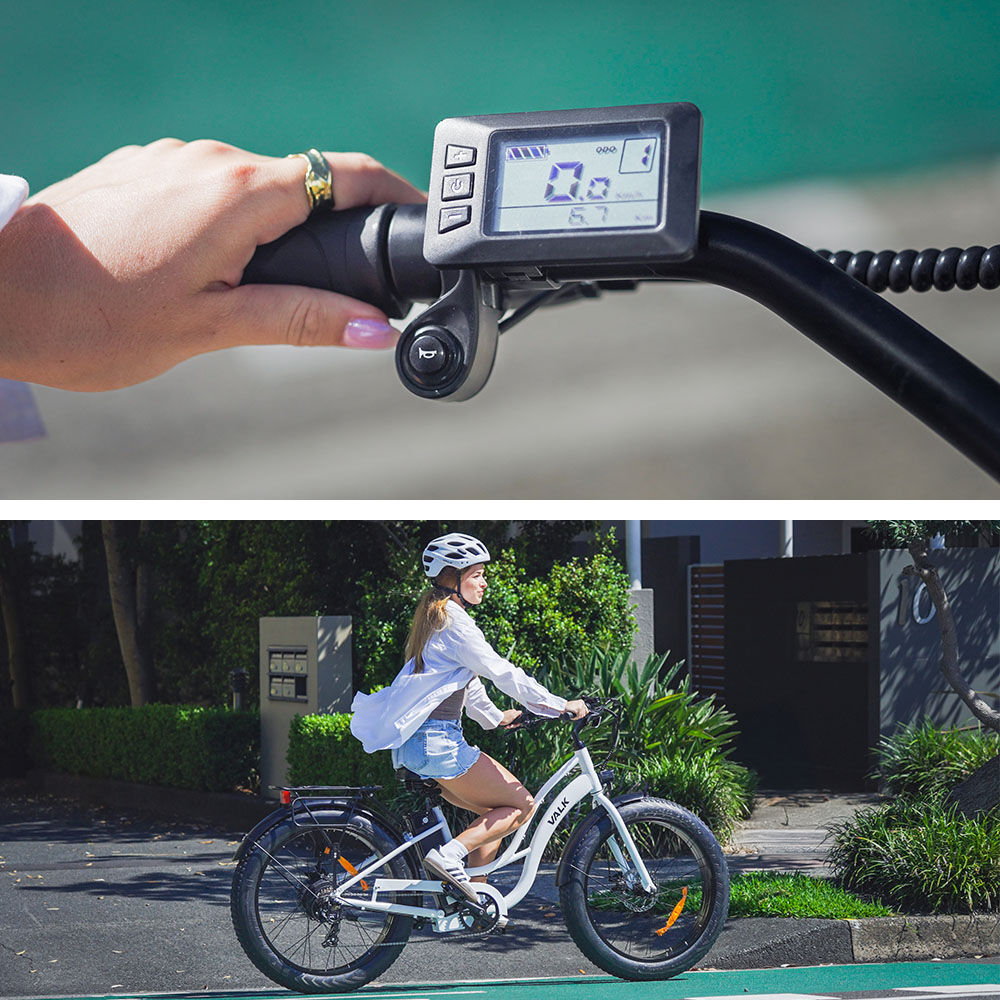 VALK Electric Fat Tyre Cruiser Bike, Step-Through eBike with Throttle, Tektro Hydraulic Brakes, White