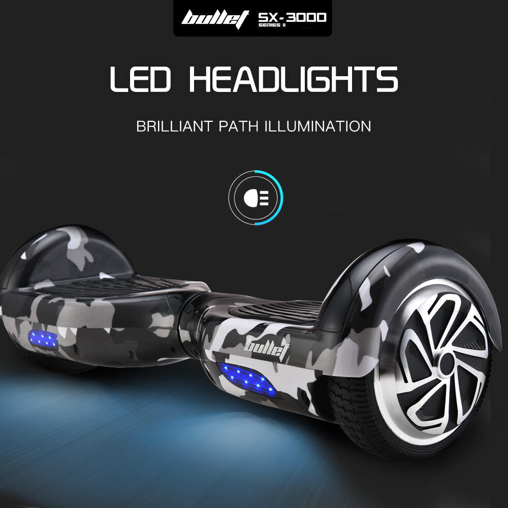 BULLET Gen III Hoverboard Scooter, Dual Copper Motors, UL Certified, AU Compliant, 6.5" Wheels, Superior Self Balancing System, LED Lights, Carry Bag, Camo Grey