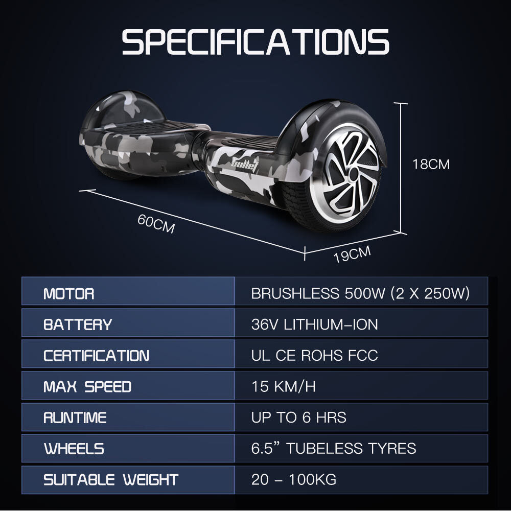BULLET Gen III Hoverboard Scooter, Dual Copper Motors, UL Certified, AU Compliant, 6.5" Wheels, Superior Self Balancing System, LED Lights, Carry Bag, Camo Grey