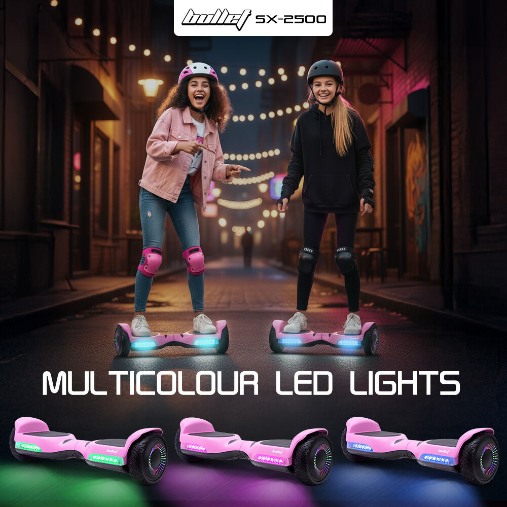BULLET SX-2500 Hoverboard Scooter, 500W Brushless, UL Certified, AU Compliant, 6.5-inch Off-Road Style Tyres, Superior Self Balancing System, LED Lights, Pink