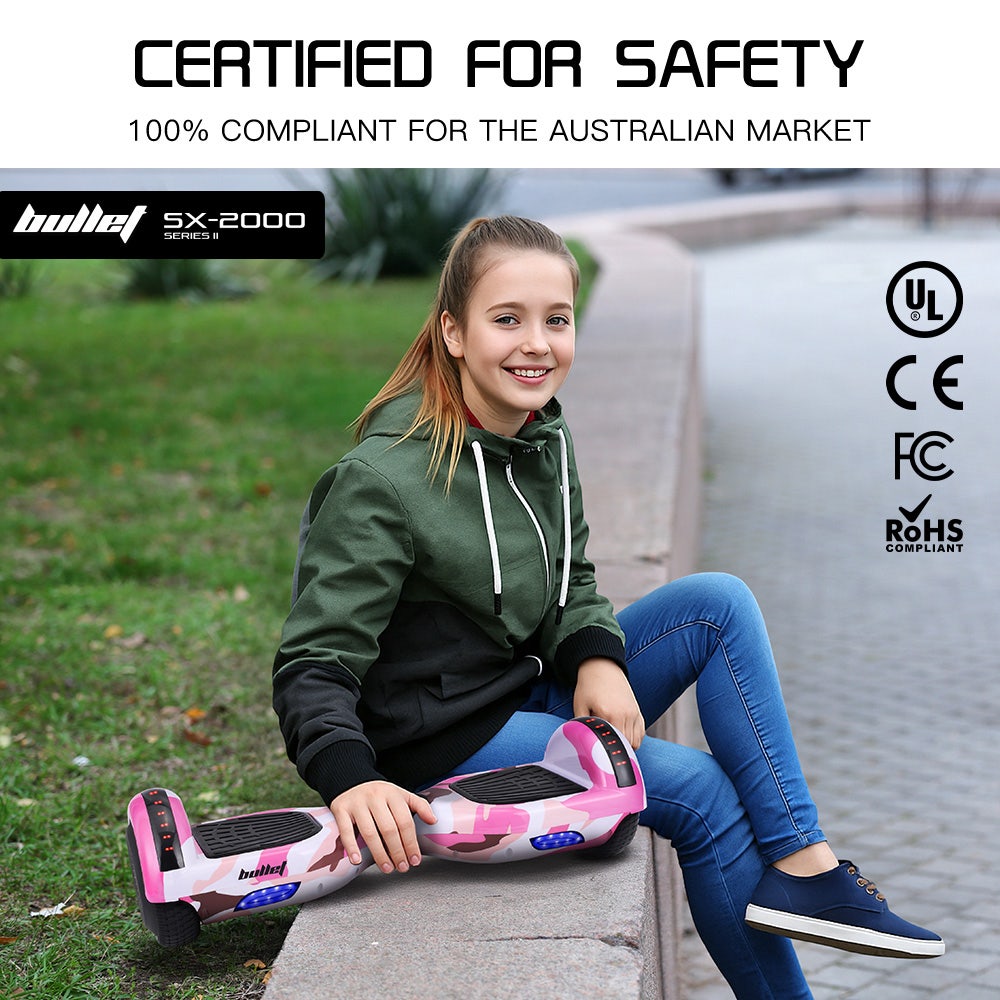 BULLET SX-2000 Hoverboard Scooter, 500W Brushless, UL Certified, AU Compliant, Superior Self Balancing System, LED Lights, Pink Camo