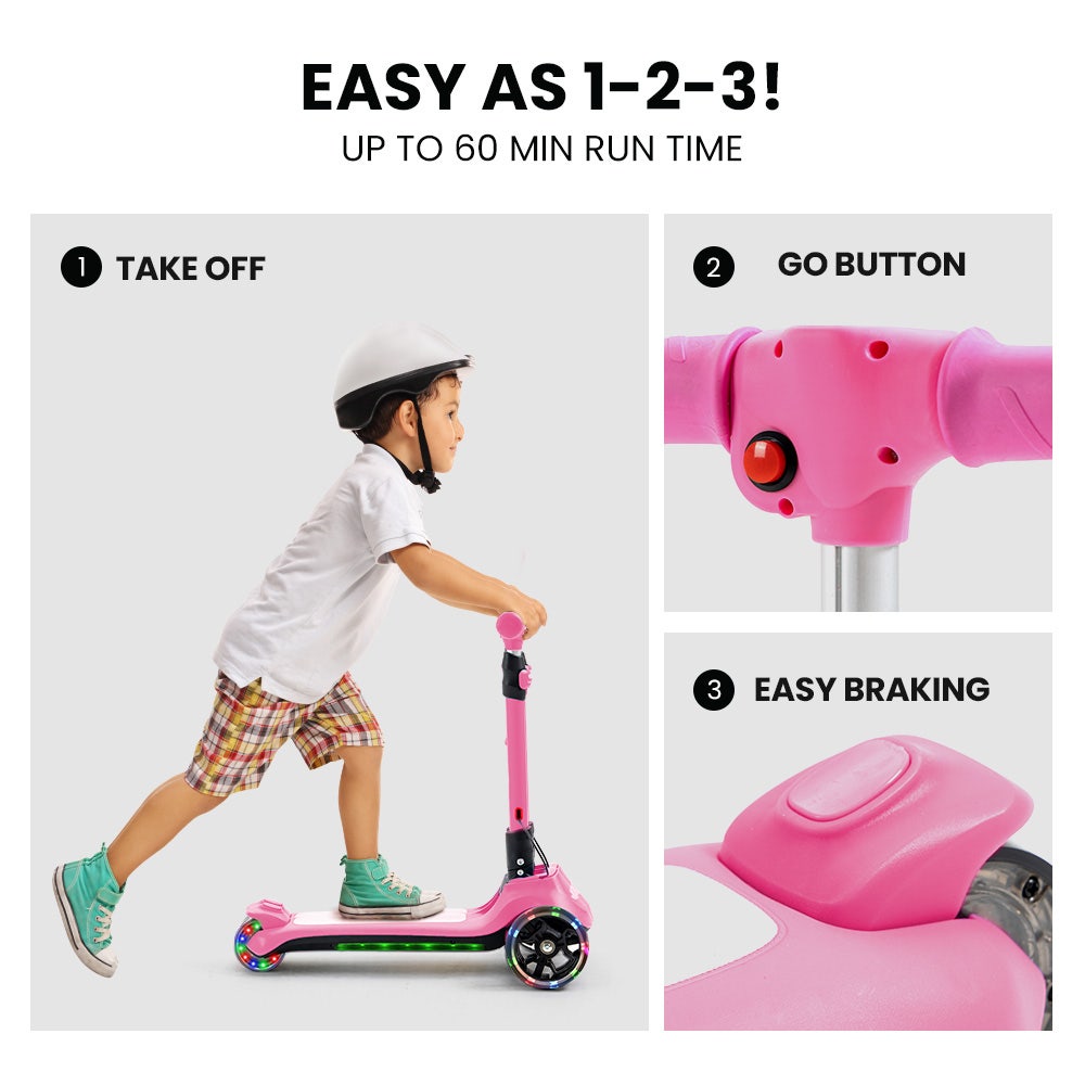 ROVO KIDS 3-Wheel Electric Scooter , Ages 3-8, Adjustable Height, AU Compliant, Lithium Battery, Pink