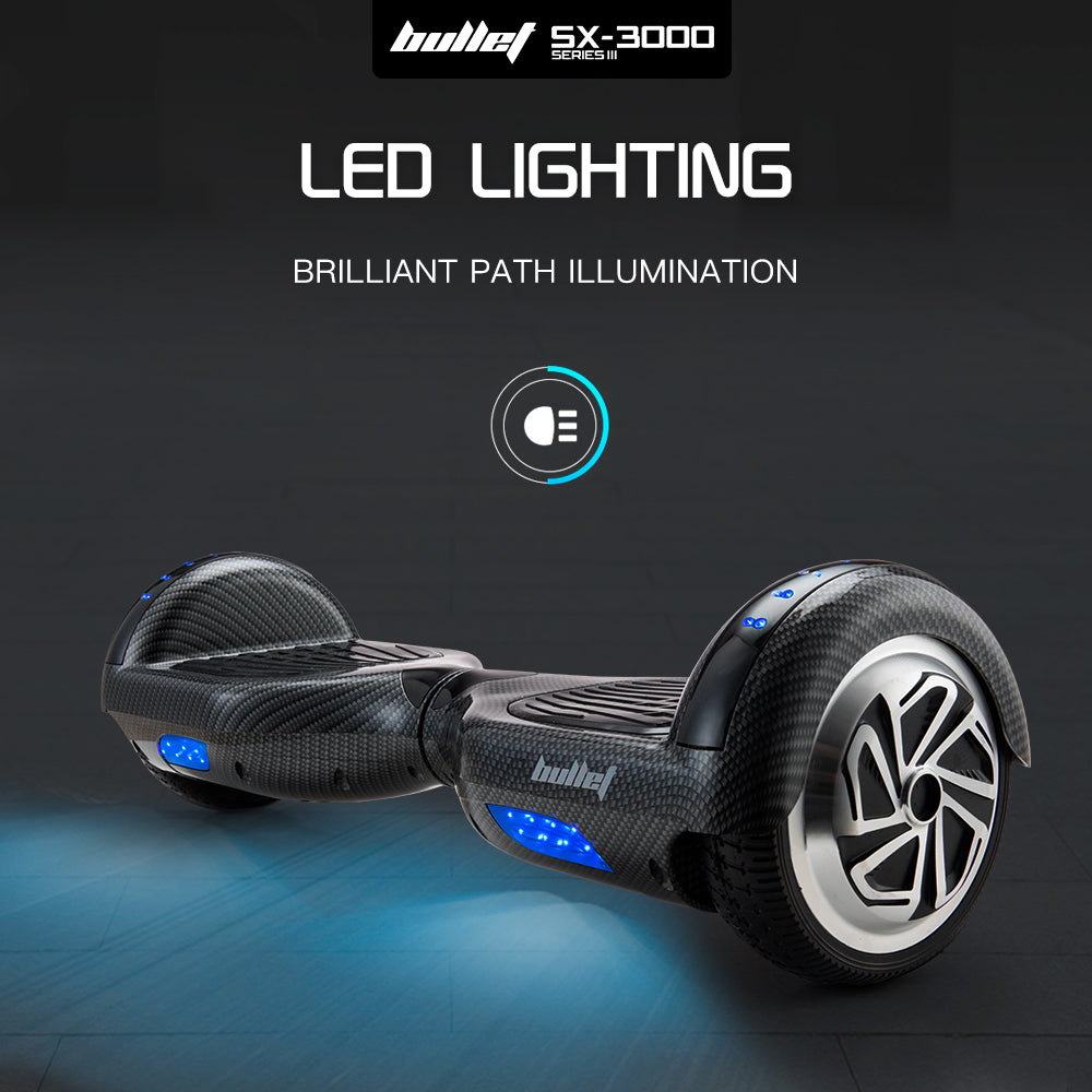 BULLET Gen III Hoverboard Scooter, Dual Copper Motors, UL Certified, AU Compliant, 6.5" Wheels, Superior Self Balancing System, LED Lights, Carbon Fiber style