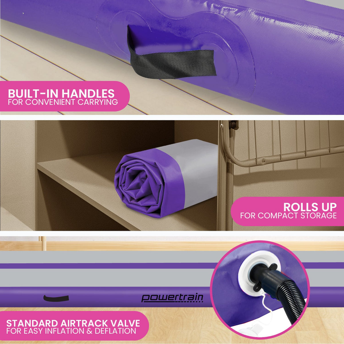 Powertrain Airtrack 20cm Thick 4m x 1m Inflatable Gymnastics Tumbling Mat Air Track - Purple