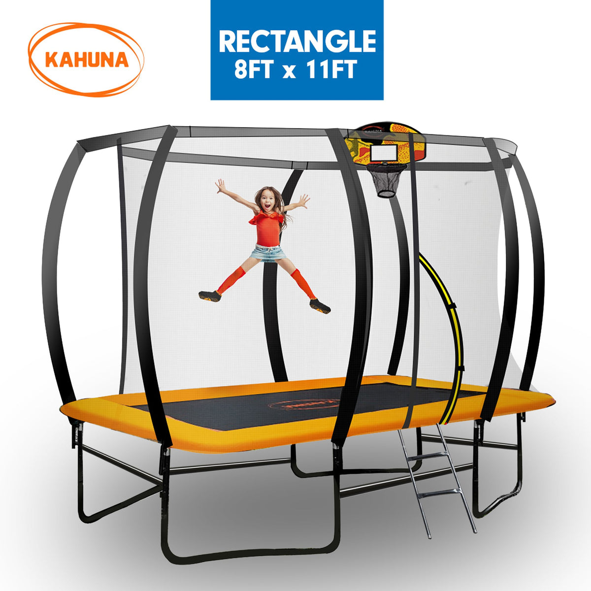 Kahuna 8ft X 11ft Outdoor Rectangular Orange Trampoline with Safety Enclosure.