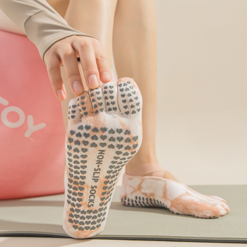 2 Pairs Pink Tie-Dye Non-Slip Yoga Socks for Women - Five-Toe Cotton Blend Socks for Pilates and Indoor Sports