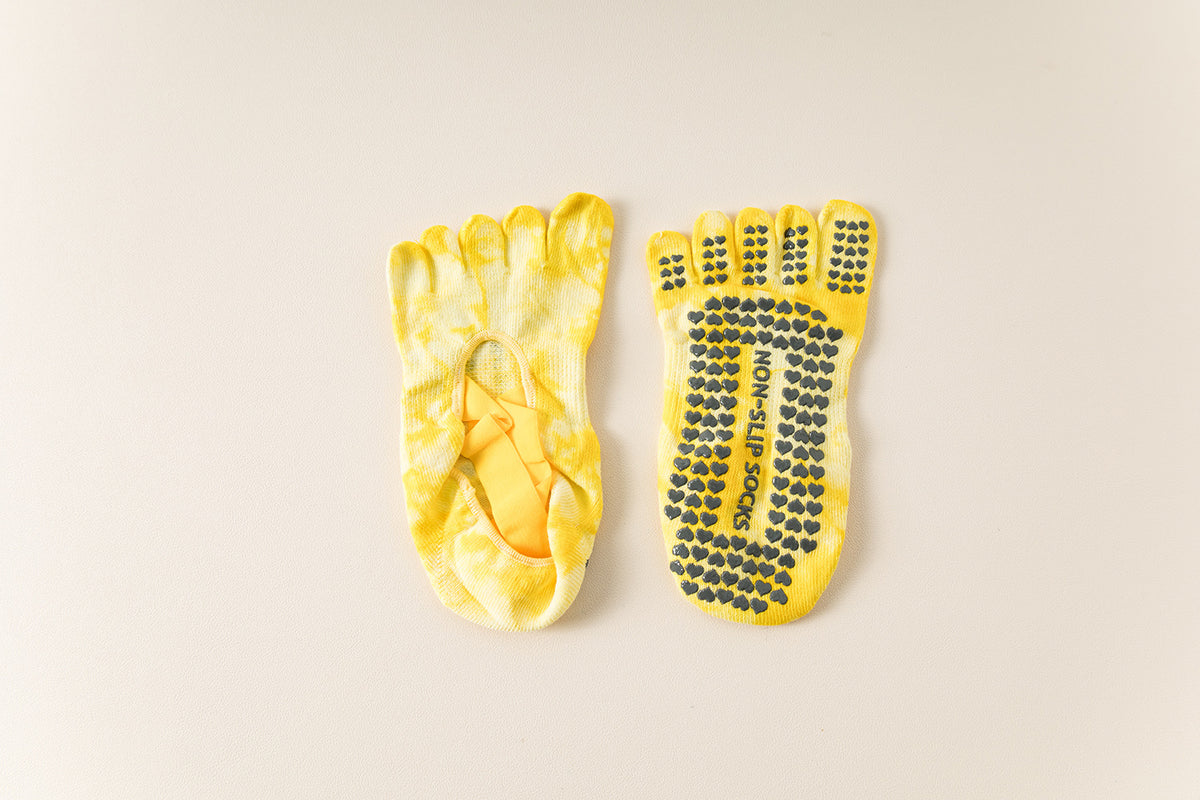 2 Pairs Yellow Tie-Dye Non-Slip Yoga Socks for Women - Five-Toe Cotton Blend Socks for Pilates and Indoor Sports