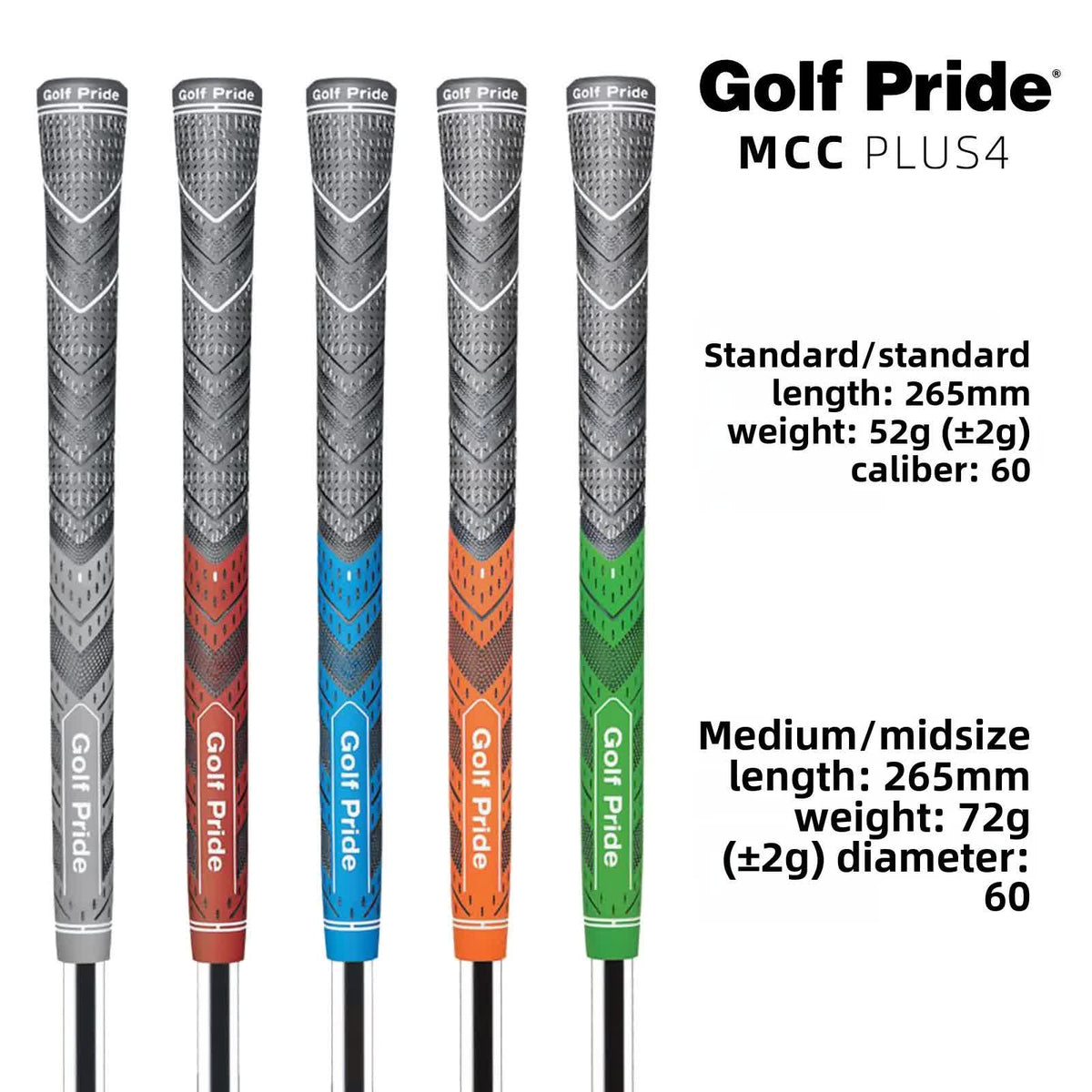 2 Pcs Grey MCC PLUS4 Midsize Golf Grip - Rubber and Cotton Thread Hybrid, 265 mm, 72g, Core 60