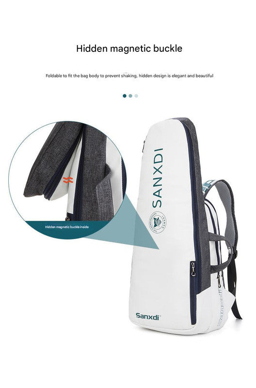 Grey and White Multifunctional Tennis & Badminton Backpack - Waterproof Racket Bag with Shoe Compartment
