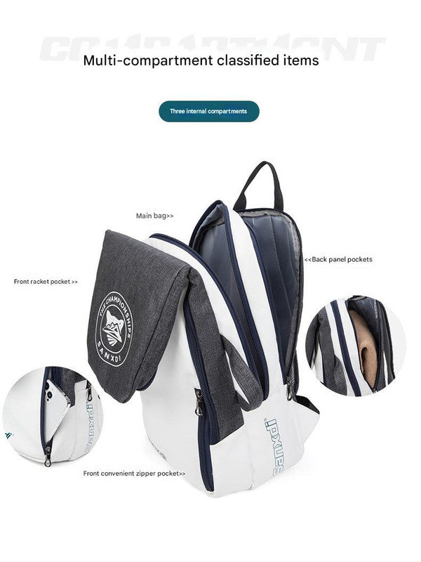 Grey and White Multifunctional Tennis & Badminton Backpack - Waterproof Racket Bag with Shoe Compartment