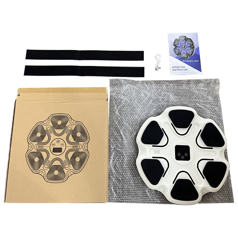 White 6-Target Sensor Smart Bluetooth Music Boxing Kit with Parent-Child Gloves - Electronic Wall Punch Pad, Drill-Free & Detachable, Screen Counter, USB Rechargeable