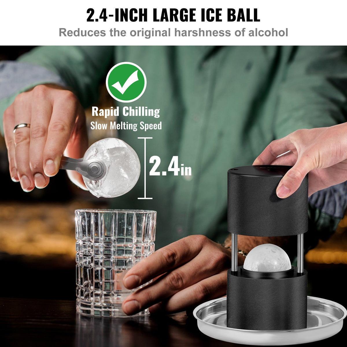 VEVOR Ice Ball Press, 6cm Ice Ball Maker, Aircraft Al Alloy Ice Ball Press Kit for 60mm Ice Sphere, Ice Press with Tong and Drip Tray, for Whiskey, Cocktail, Bourbon, Scot on Party & Holiday, Black