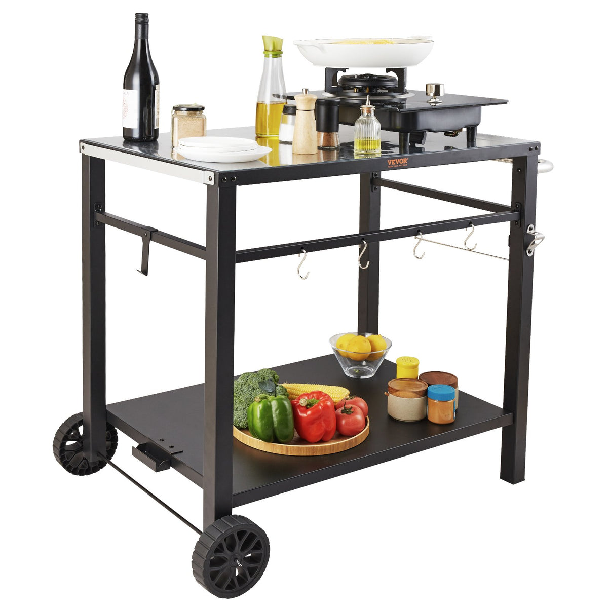 VEVOR Outdoor Grill Dining Cart with Double-Shelf,  85*55cm BBQ Movable Food Prep Table, Multifunctional Iron Table Top, Portable Modular Carts for Pizza Oven, Worktable with 2 Wheels, Carry Handle, Black