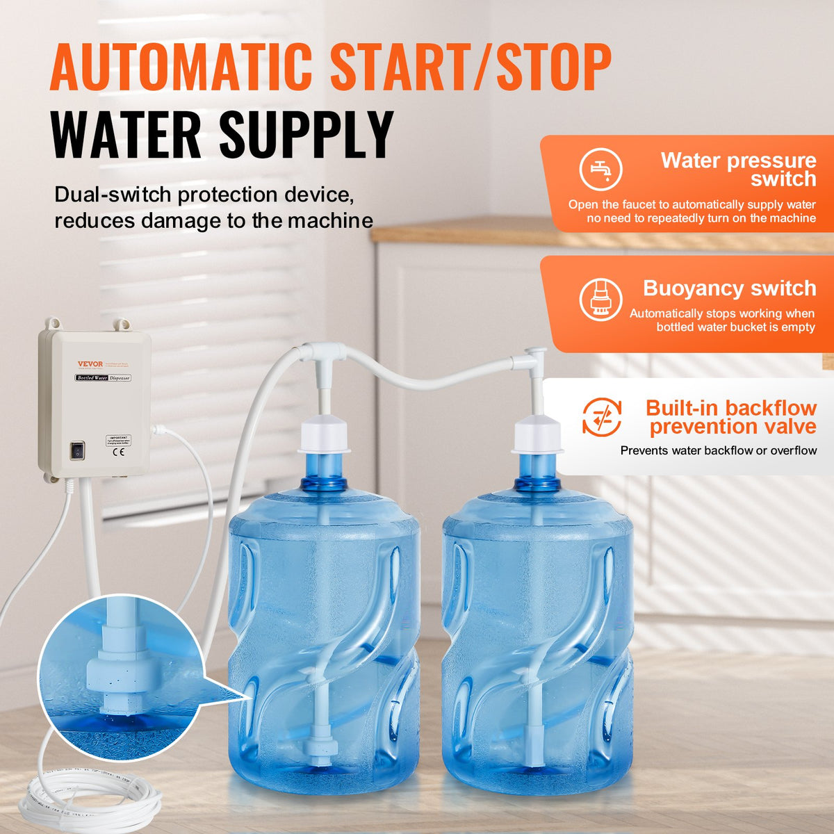 VEVOR Bottled Water Dispenser Pump System, 2x5 Gallon Dispensing System, Automatic Electric Water Dispenser, Double-Pipe Water Jug Pump, Compatible Use with Coffee/Tea Machine, Refrigerator, Ice Maker