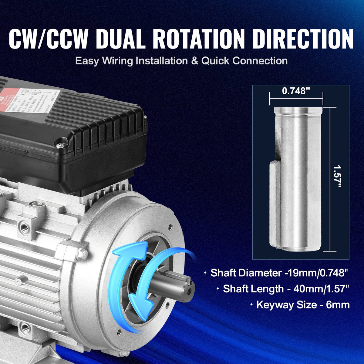 VEVOR 0.75KW Electric Motor 1400 rpm, AC 220~240V 5.45A, 80, B34 Frame, Air Compressor Motor Single Phase, 19mm Keyed Shaft, CW/CCW Rotation for Agricultural Machinery and General Equipment