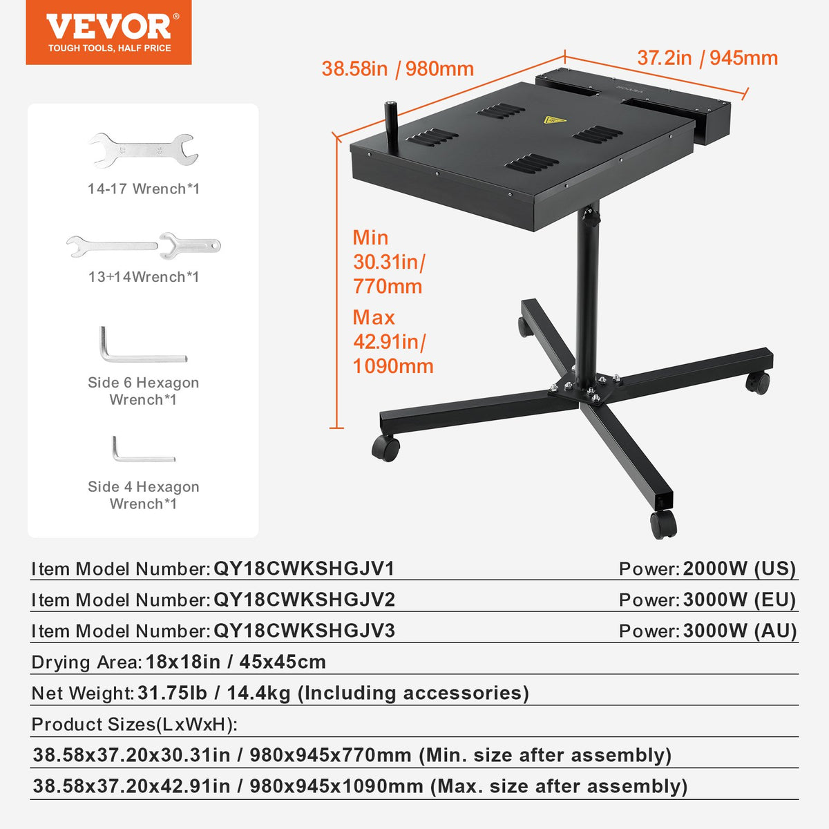 VEVOR Flash Dryer, 18 x 18 inch Flash Dryer for Screen Printing, 0-750℉ Temperature Control, High Power Silk Screen Printing Dryer with Height Adjustable Stand, 360° Rotation, T-Shirt Curing Machine