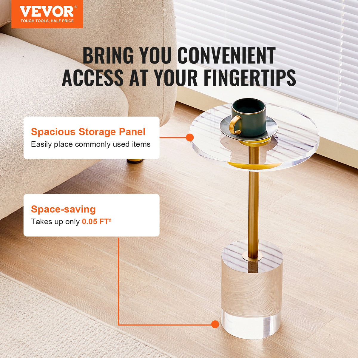 VEVOR Clear Acrylic End Table, Acrylic Side Table with a Solid Base, 11.9 x 11.9 inch Round Tabletop, 21.4 inch High, for Coffee, Drink, Food, Snack used in Living Room, Bedroom, and Study