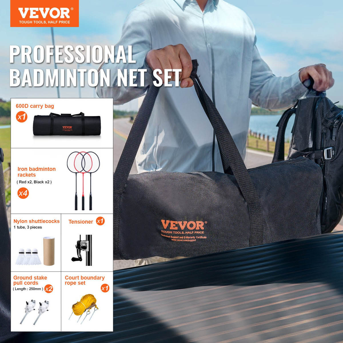 VEVOR Badminton Net Set, Outdoor Backyard Beach Park Badminton Net, Portable Badminton Equipment Set, Adults Kids Badminton Net with Poles, Carrying Bag, 4 Iron Rackets, and 3 Nylon Shuttlecocks